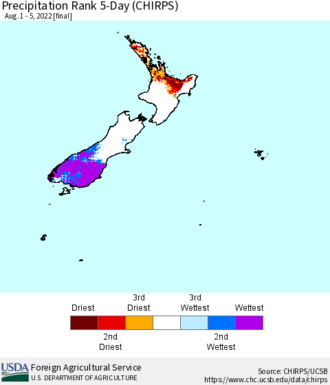 New Zealand Precipitation Rank since 1981, 5-Day (CHIRPS) Thematic Map For 8/1/2022 - 8/5/2022