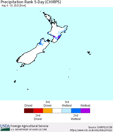 New Zealand Precipitation Rank since 1981, 5-Day (CHIRPS) Thematic Map For 8/6/2022 - 8/10/2022
