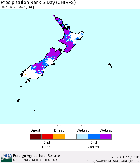 New Zealand Precipitation Rank since 1981, 5-Day (CHIRPS) Thematic Map For 8/16/2022 - 8/20/2022