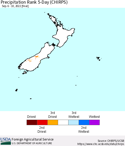 New Zealand Precipitation Rank since 1981, 5-Day (CHIRPS) Thematic Map For 9/6/2022 - 9/10/2022