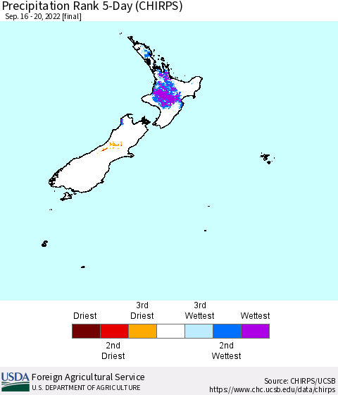 New Zealand Precipitation Rank since 1981, 5-Day (CHIRPS) Thematic Map For 9/16/2022 - 9/20/2022