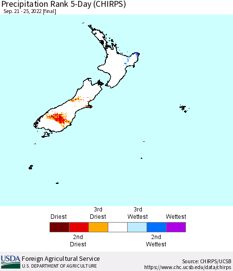 New Zealand Precipitation Rank since 1981, 5-Day (CHIRPS) Thematic Map For 9/21/2022 - 9/25/2022