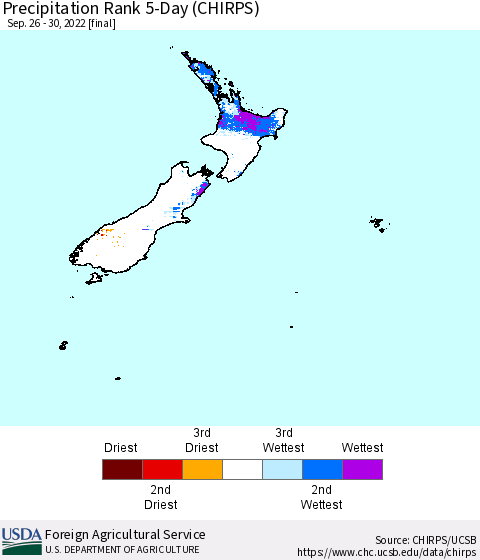New Zealand Precipitation Rank since 1981, 5-Day (CHIRPS) Thematic Map For 9/26/2022 - 9/30/2022