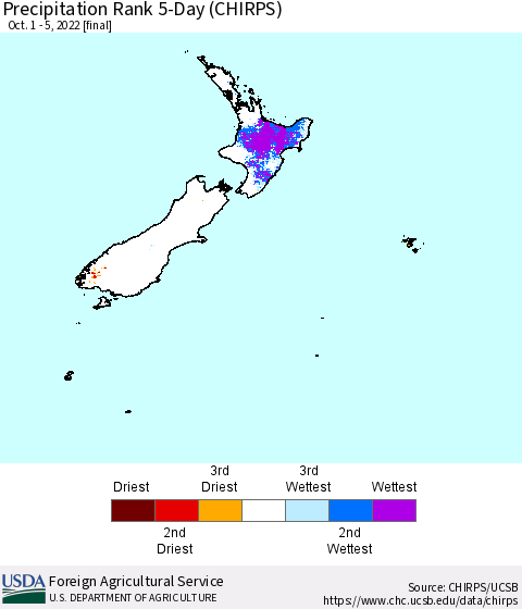 New Zealand Precipitation Rank since 1981, 5-Day (CHIRPS) Thematic Map For 10/1/2022 - 10/5/2022