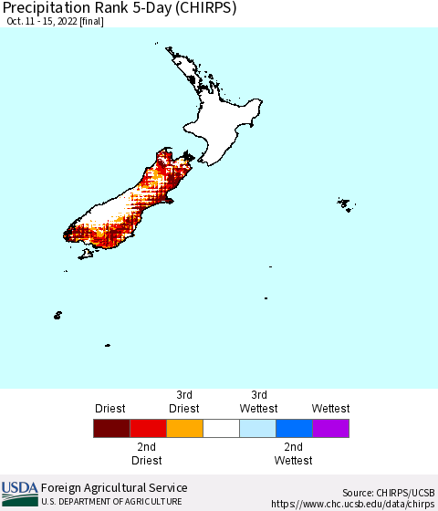 New Zealand Precipitation Rank since 1981, 5-Day (CHIRPS) Thematic Map For 10/11/2022 - 10/15/2022
