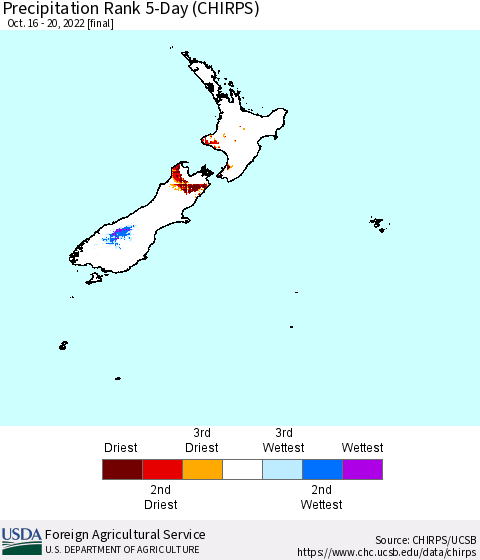 New Zealand Precipitation Rank since 1981, 5-Day (CHIRPS) Thematic Map For 10/16/2022 - 10/20/2022