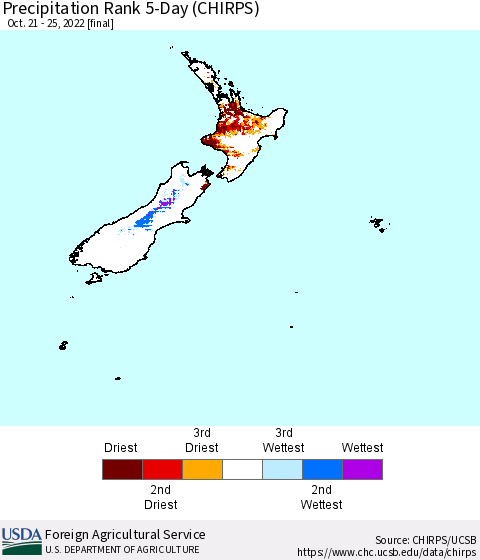 New Zealand Precipitation Rank since 1981, 5-Day (CHIRPS) Thematic Map For 10/21/2022 - 10/25/2022