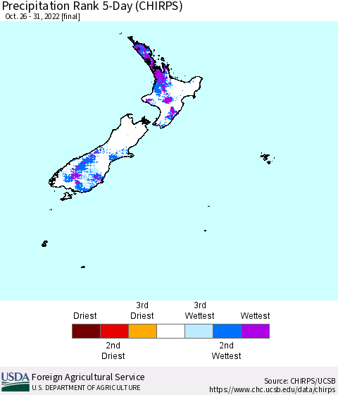 New Zealand Precipitation Rank since 1981, 5-Day (CHIRPS) Thematic Map For 10/26/2022 - 10/31/2022