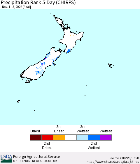 New Zealand Precipitation Rank since 1981, 5-Day (CHIRPS) Thematic Map For 11/1/2022 - 11/5/2022