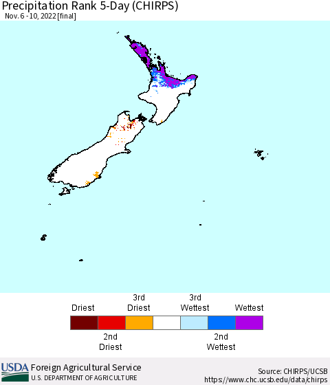 New Zealand Precipitation Rank since 1981, 5-Day (CHIRPS) Thematic Map For 11/6/2022 - 11/10/2022