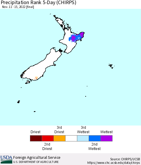New Zealand Precipitation Rank since 1981, 5-Day (CHIRPS) Thematic Map For 11/11/2022 - 11/15/2022