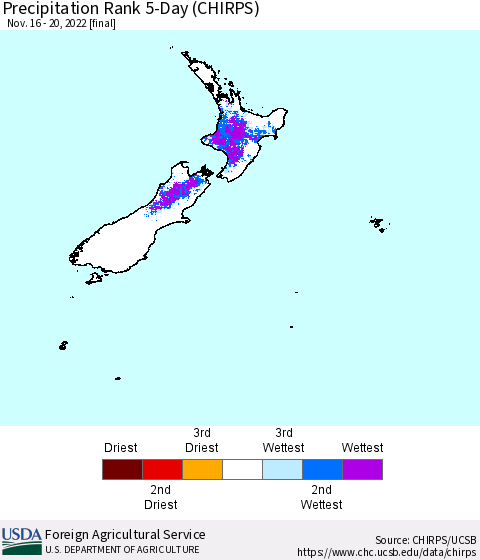 New Zealand Precipitation Rank since 1981, 5-Day (CHIRPS) Thematic Map For 11/16/2022 - 11/20/2022