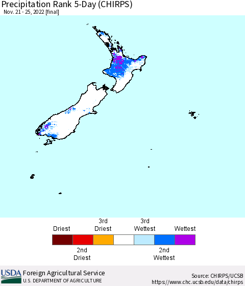 New Zealand Precipitation Rank since 1981, 5-Day (CHIRPS) Thematic Map For 11/21/2022 - 11/25/2022