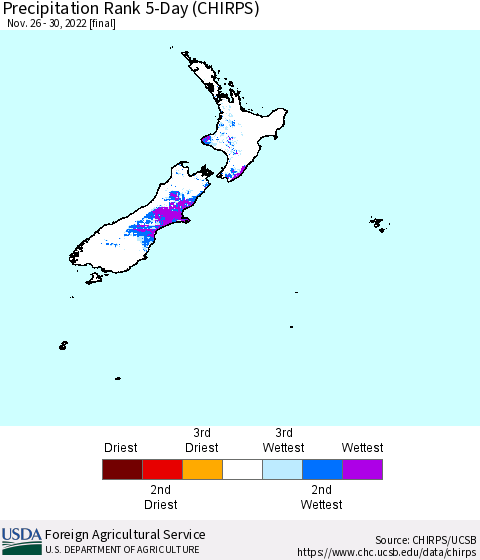 New Zealand Precipitation Rank since 1981, 5-Day (CHIRPS) Thematic Map For 11/26/2022 - 11/30/2022