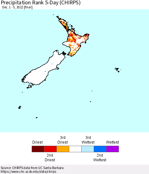 New Zealand Precipitation Rank since 1981, 5-Day (CHIRPS) Thematic Map For 12/1/2022 - 12/5/2022