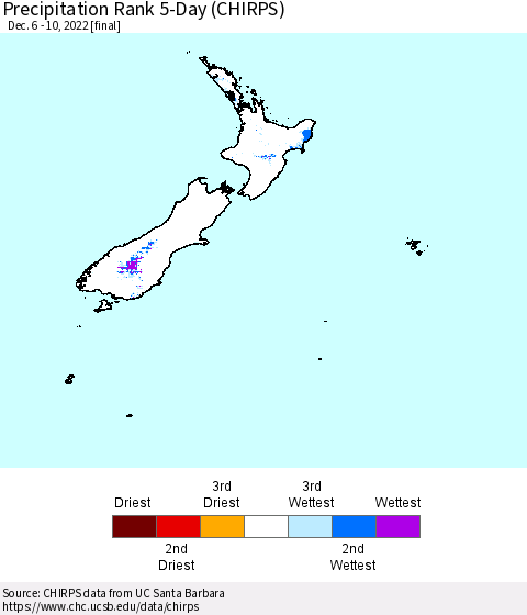 New Zealand Precipitation Rank since 1981, 5-Day (CHIRPS) Thematic Map For 12/6/2022 - 12/10/2022