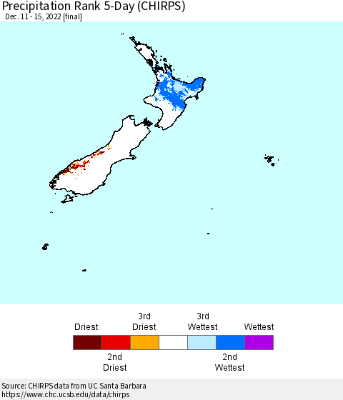 New Zealand Precipitation Rank since 1981, 5-Day (CHIRPS) Thematic Map For 12/11/2022 - 12/15/2022