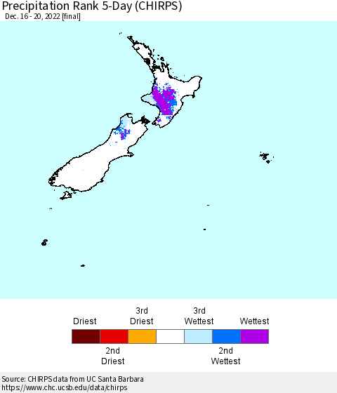 New Zealand Precipitation Rank since 1981, 5-Day (CHIRPS) Thematic Map For 12/16/2022 - 12/20/2022