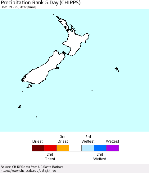 New Zealand Precipitation Rank since 1981, 5-Day (CHIRPS) Thematic Map For 12/21/2022 - 12/25/2022