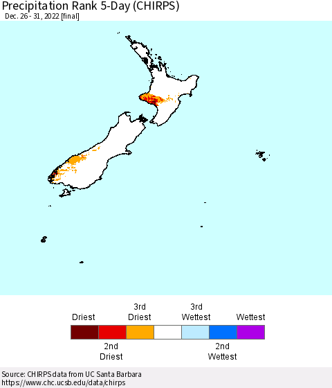 New Zealand Precipitation Rank since 1981, 5-Day (CHIRPS) Thematic Map For 12/26/2022 - 12/31/2022