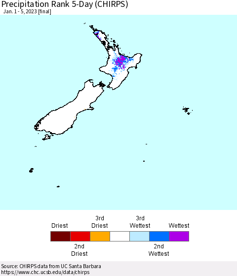New Zealand Precipitation Rank since 1981, 5-Day (CHIRPS) Thematic Map For 1/1/2023 - 1/5/2023