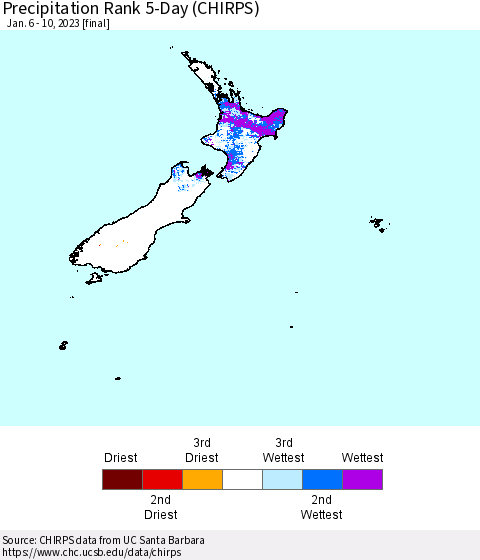 New Zealand Precipitation Rank since 1981, 5-Day (CHIRPS) Thematic Map For 1/6/2023 - 1/10/2023