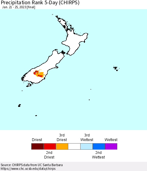 New Zealand Precipitation Rank since 1981, 5-Day (CHIRPS) Thematic Map For 1/21/2023 - 1/25/2023