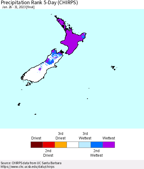 New Zealand Precipitation Rank since 1981, 5-Day (CHIRPS) Thematic Map For 1/26/2023 - 1/31/2023
