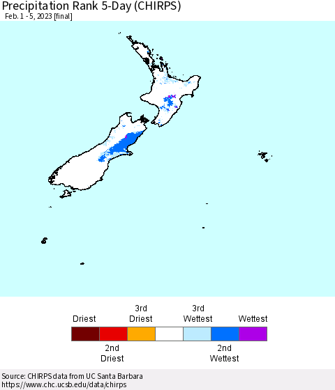 New Zealand Precipitation Rank since 1981, 5-Day (CHIRPS) Thematic Map For 2/1/2023 - 2/5/2023