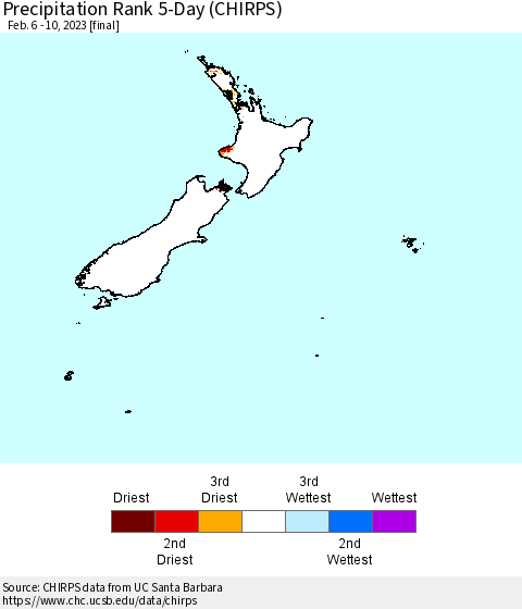 New Zealand Precipitation Rank since 1981, 5-Day (CHIRPS) Thematic Map For 2/6/2023 - 2/10/2023