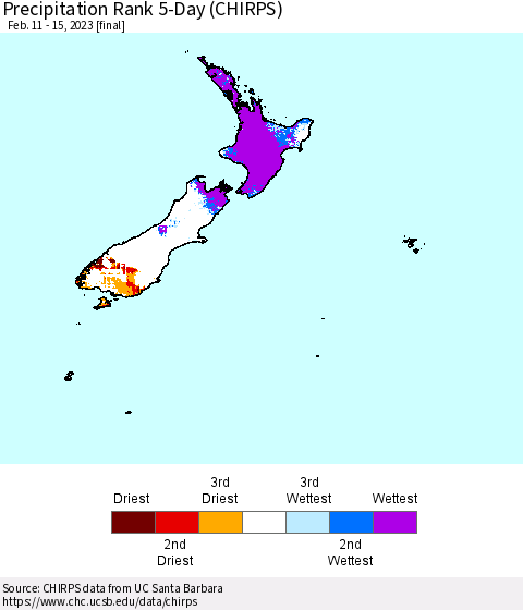 New Zealand Precipitation Rank since 1981, 5-Day (CHIRPS) Thematic Map For 2/11/2023 - 2/15/2023