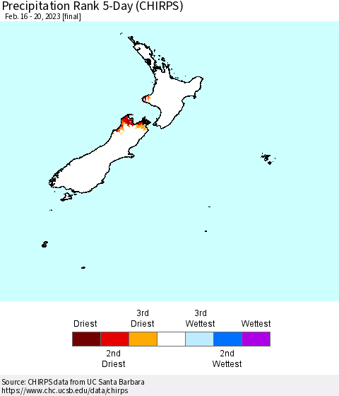 New Zealand Precipitation Rank since 1981, 5-Day (CHIRPS) Thematic Map For 2/16/2023 - 2/20/2023