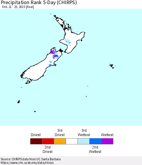 New Zealand Precipitation Rank since 1981, 5-Day (CHIRPS) Thematic Map For 2/21/2023 - 2/25/2023