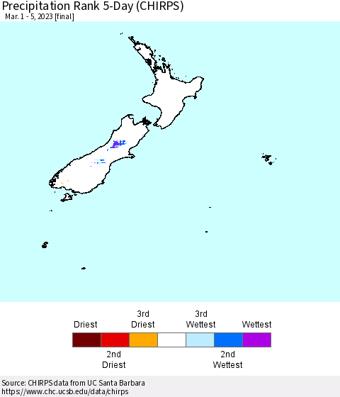 New Zealand Precipitation Rank since 1981, 5-Day (CHIRPS) Thematic Map For 3/1/2023 - 3/5/2023
