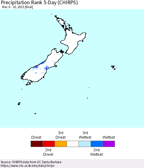 New Zealand Precipitation Rank since 1981, 5-Day (CHIRPS) Thematic Map For 3/6/2023 - 3/10/2023