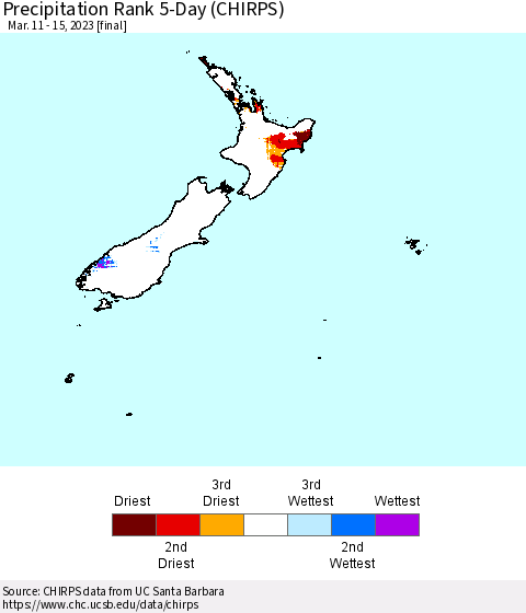 New Zealand Precipitation Rank since 1981, 5-Day (CHIRPS) Thematic Map For 3/11/2023 - 3/15/2023