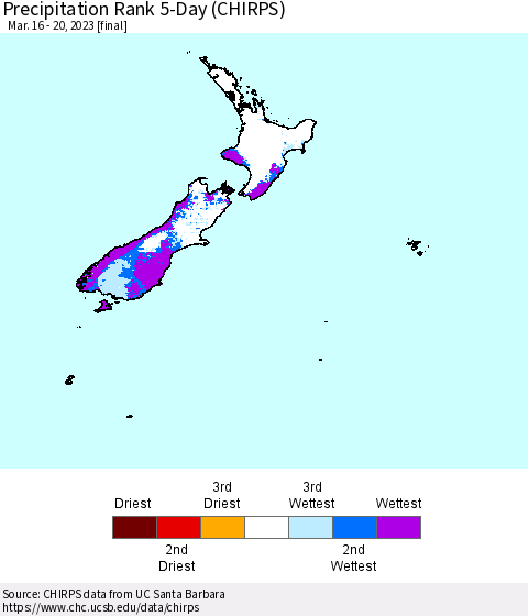 New Zealand Precipitation Rank since 1981, 5-Day (CHIRPS) Thematic Map For 3/16/2023 - 3/20/2023