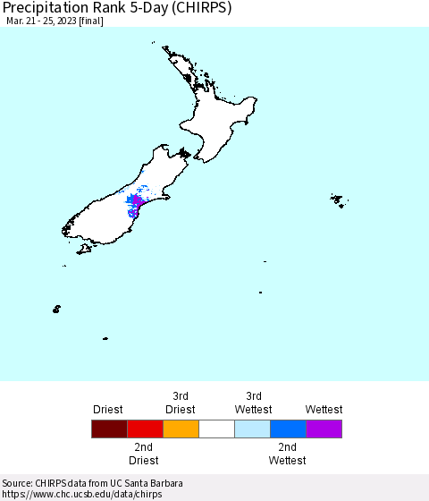 New Zealand Precipitation Rank since 1981, 5-Day (CHIRPS) Thematic Map For 3/21/2023 - 3/25/2023