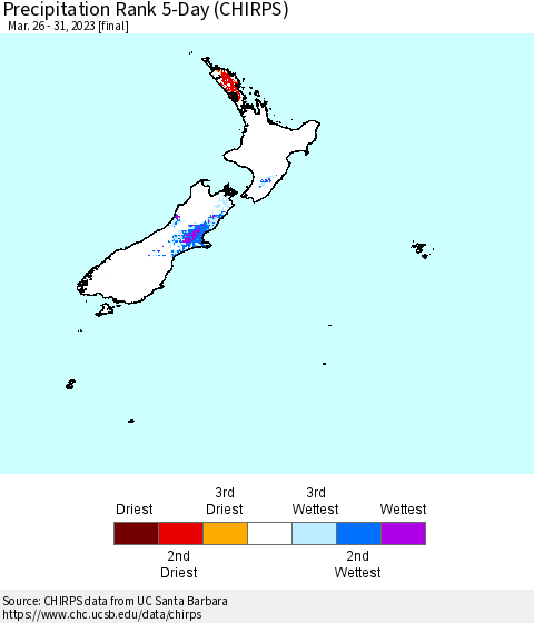 New Zealand Precipitation Rank since 1981, 5-Day (CHIRPS) Thematic Map For 3/26/2023 - 3/31/2023