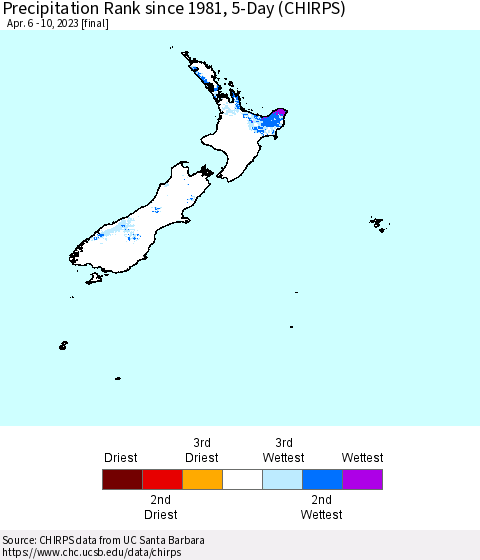 New Zealand Precipitation Rank since 1981, 5-Day (CHIRPS) Thematic Map For 4/6/2023 - 4/10/2023