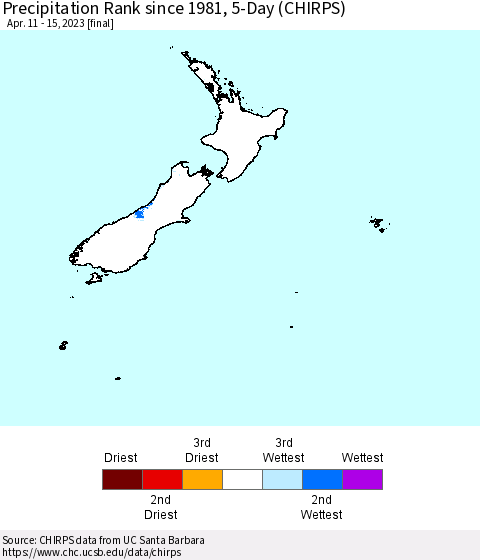 New Zealand Precipitation Rank since 1981, 5-Day (CHIRPS) Thematic Map For 4/11/2023 - 4/15/2023