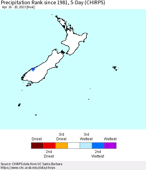 New Zealand Precipitation Rank since 1981, 5-Day (CHIRPS) Thematic Map For 4/16/2023 - 4/20/2023