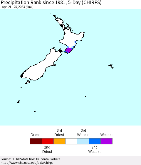 New Zealand Precipitation Rank since 1981, 5-Day (CHIRPS) Thematic Map For 4/21/2023 - 4/25/2023