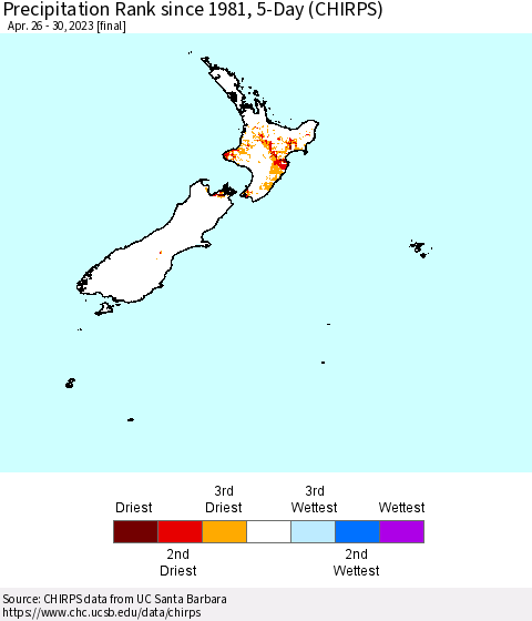 New Zealand Precipitation Rank since 1981, 5-Day (CHIRPS) Thematic Map For 4/26/2023 - 4/30/2023