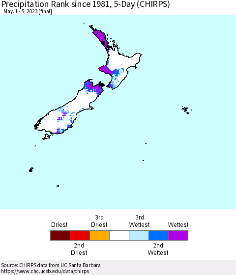 New Zealand Precipitation Rank since 1981, 5-Day (CHIRPS) Thematic Map For 5/1/2023 - 5/5/2023