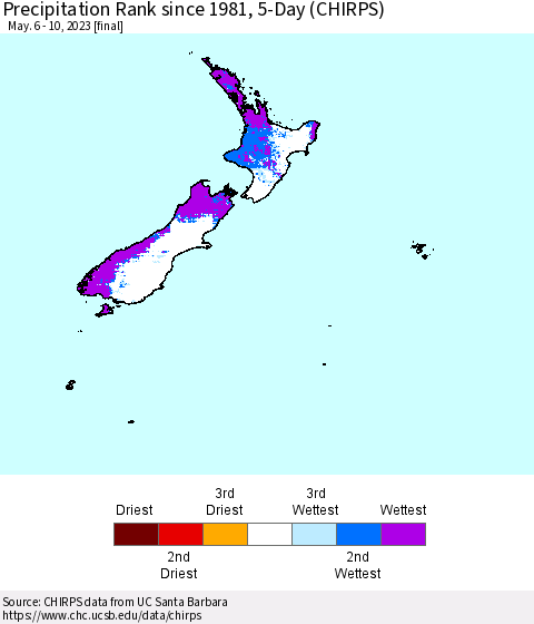 New Zealand Precipitation Rank since 1981, 5-Day (CHIRPS) Thematic Map For 5/6/2023 - 5/10/2023
