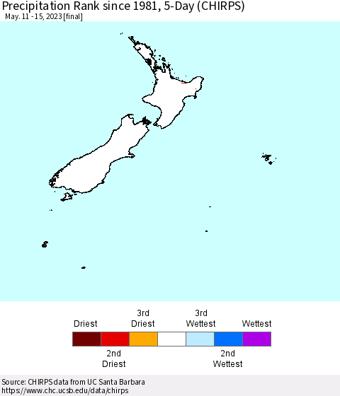 New Zealand Precipitation Rank since 1981, 5-Day (CHIRPS) Thematic Map For 5/11/2023 - 5/15/2023