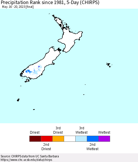 New Zealand Precipitation Rank since 1981, 5-Day (CHIRPS) Thematic Map For 5/16/2023 - 5/20/2023