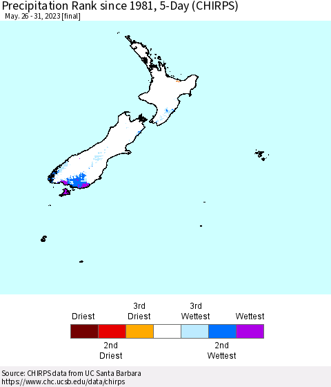 New Zealand Precipitation Rank since 1981, 5-Day (CHIRPS) Thematic Map For 5/26/2023 - 5/31/2023