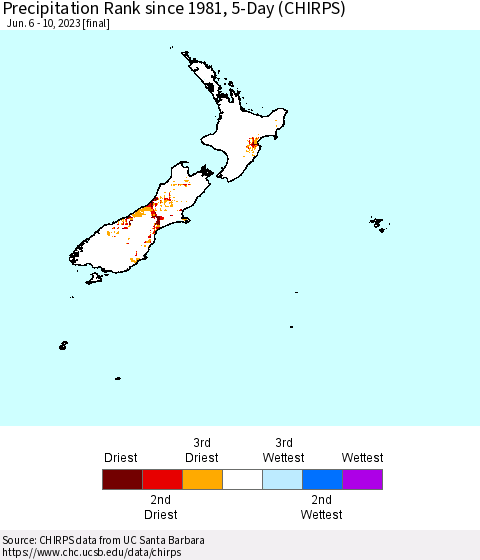 New Zealand Precipitation Rank since 1981, 5-Day (CHIRPS) Thematic Map For 6/6/2023 - 6/10/2023
